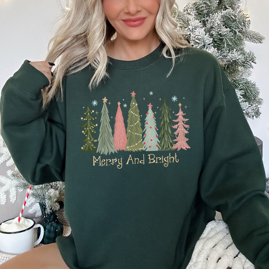 Merry And Bright Christmas Trees Festive Holiday Graphic Scene Cozy Fleece Sweatshirt