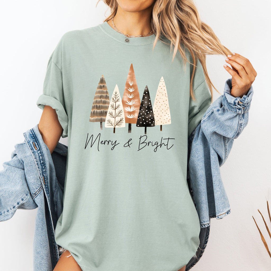 Merry and Bright Christmas Trees Hygge Winter Santa Snow Xmas Comfort Colors Tee