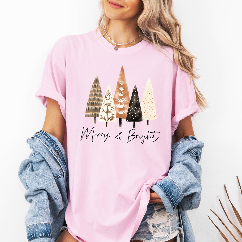 Merry and Bright Christmas Trees Hygge Winter Santa Snow Xmas Comfort Colors Tee