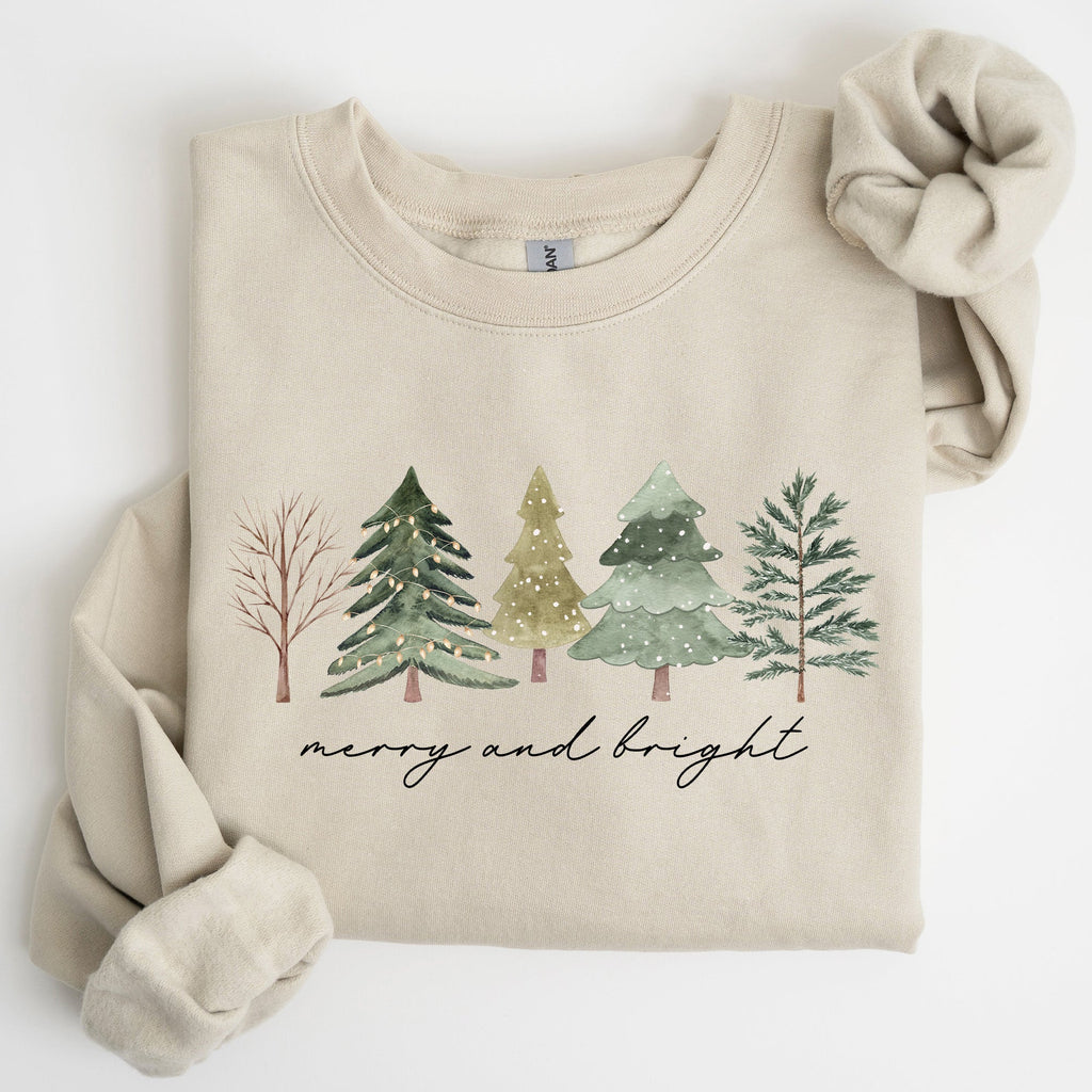 Merry and Bright Christmas Trees Minimalist Winter Snow Xmas Cozy Holiday Sweatshirt