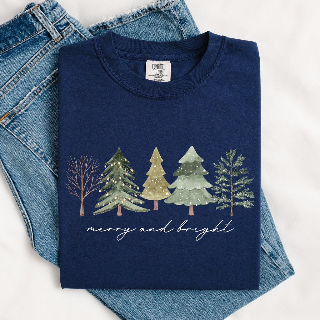 Merry And Bright Christmas Trees Minimalist Winter Snow Xmas Edition Comfort Colors Tee