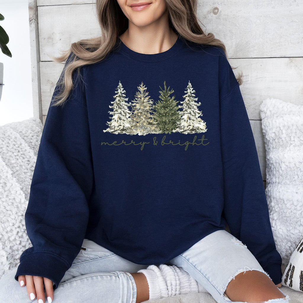 Merry and Bright Christmas Trees Santa Snowflakes Festive Holiday Theme Sweatshirt