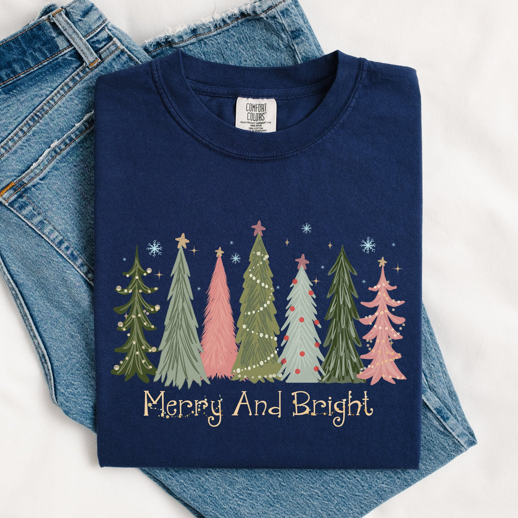 Merry and Bright Christmas Trees Winter Snow Xmas Holiday Scene Comfort Colors Tee