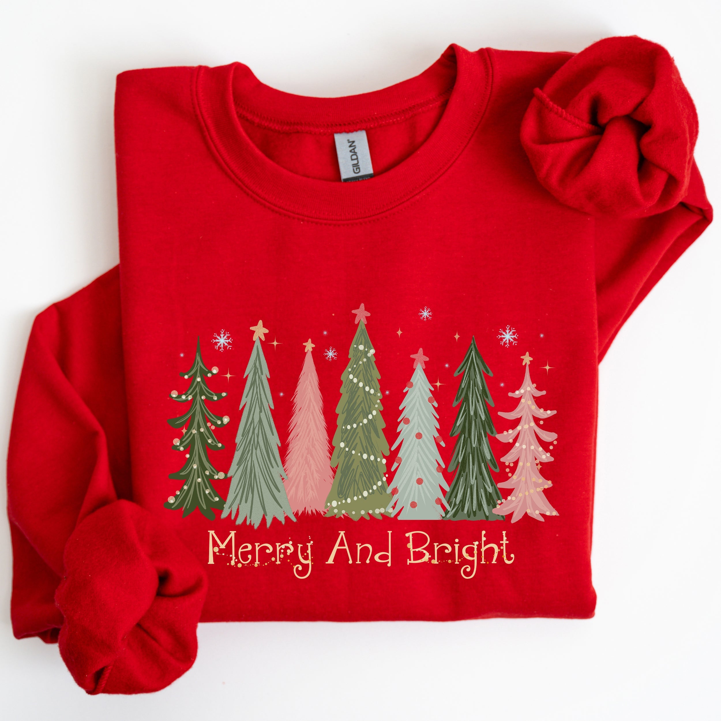 Merry And Bright Christmas Trees Winter Snow Xmas Holiday Lights Festive Scene Sweatshirt