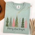 Merry and Bright Christmas Trees Winter Snow Xmas Holiday Scene Comfort Colors Tee