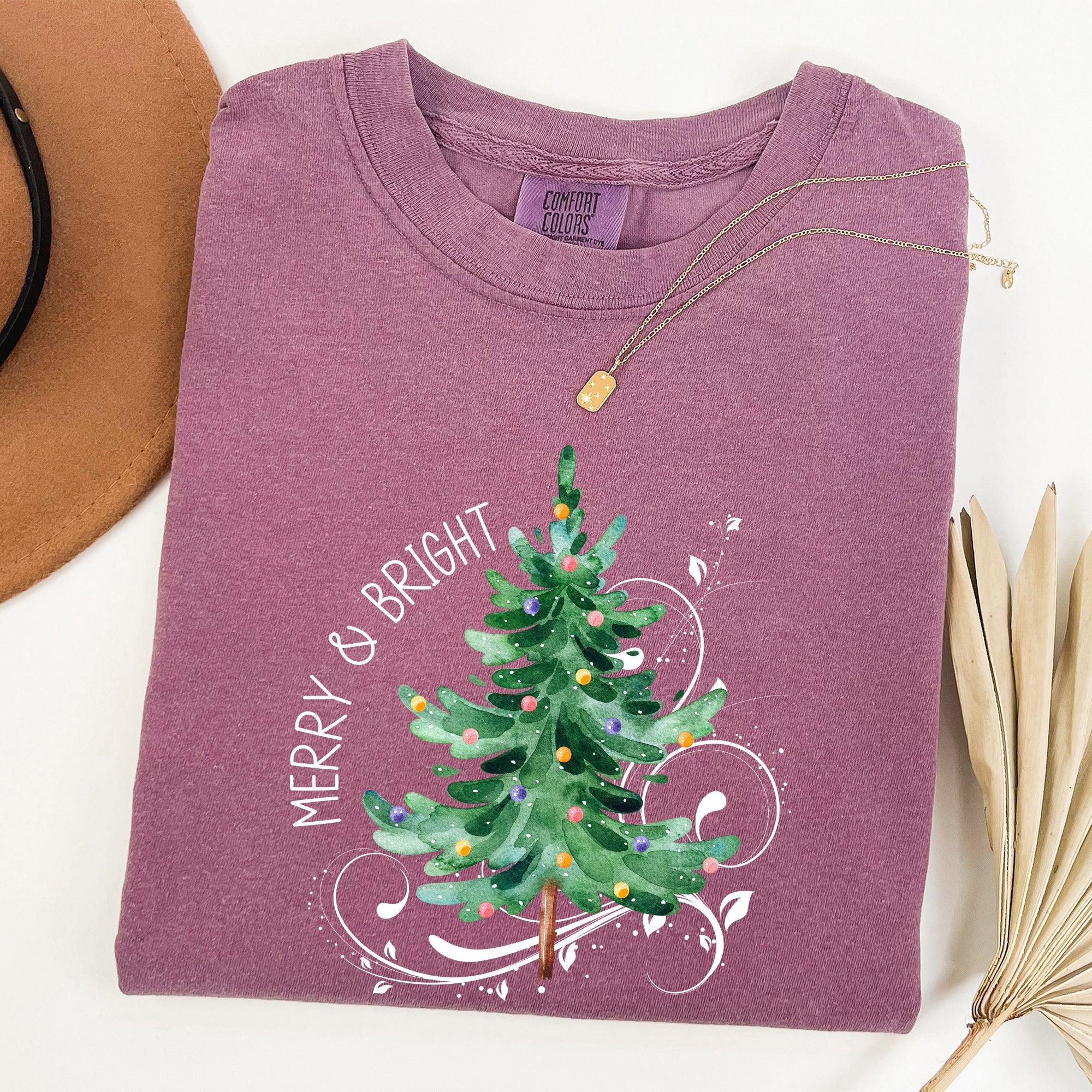 Merry And Bright Christmas Tree With Ornaments And Santa In Winter Comfort Colors Tee