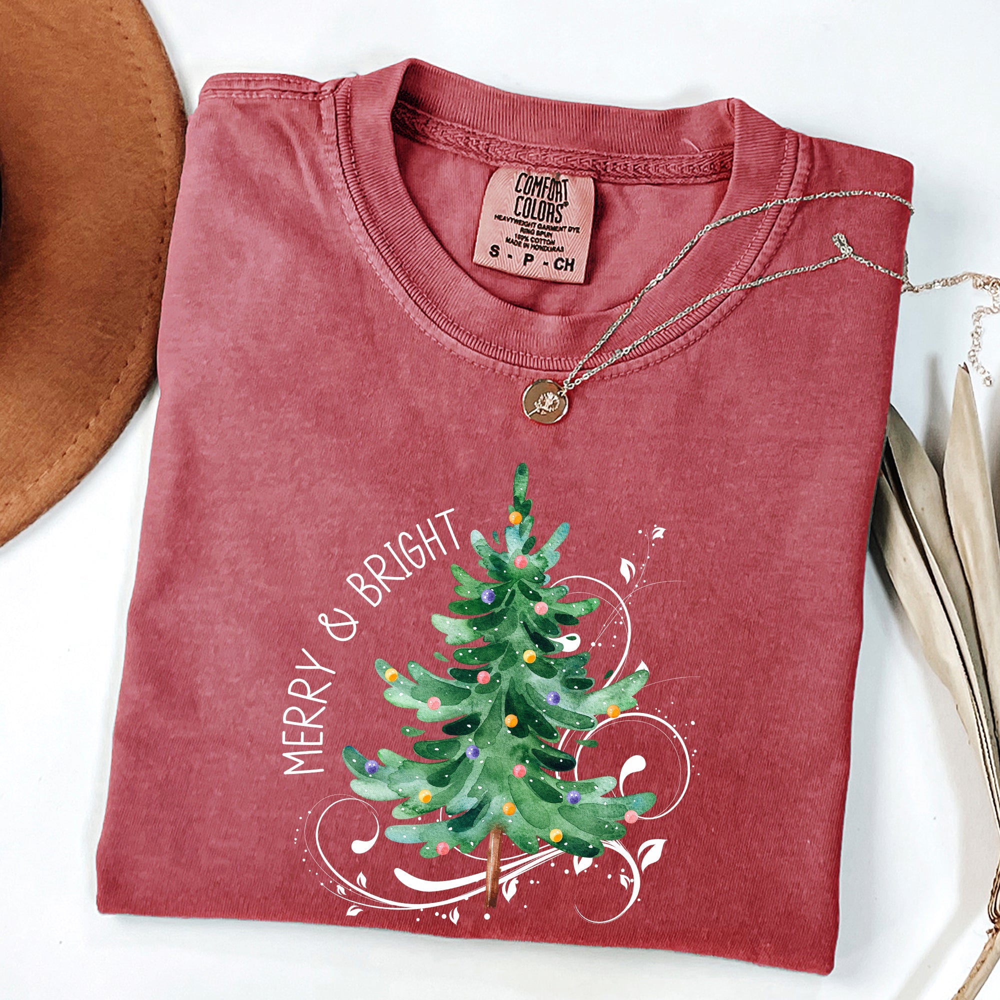 Merry And Bright Christmas Tree With Ornaments And Santa In Winter Comfort Colors Tee