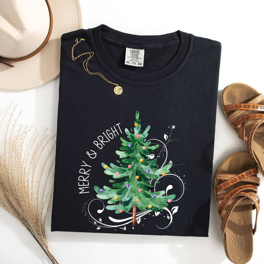 Merry And Bright Christmas Tree With Ornaments And Santa In Winter Comfort Colors Tee