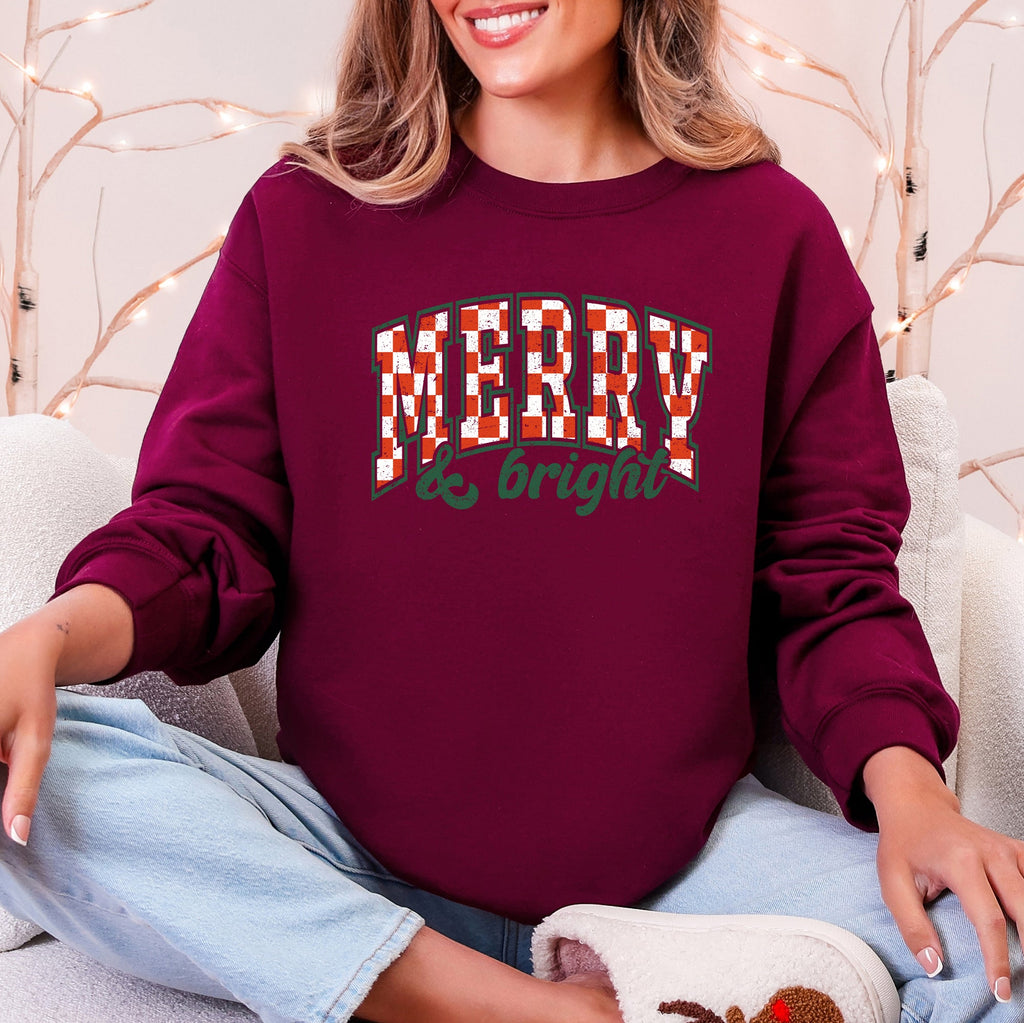 Merry And Bright Christmas Checkered Retro Festive Cozy Vintage Inspired Seasonal Holiday Cheer Sweatshirt