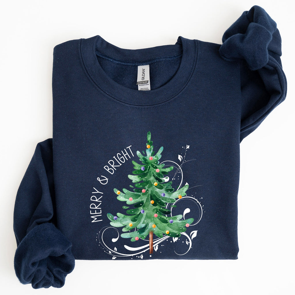 Merry And Bright Colorful Christmas Tree Swirls Santa Holiday Winter Xmas Sweatshirt