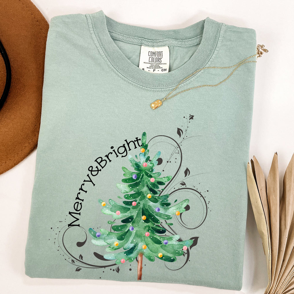 Merry And Bright Colorful Christmas Tree Swirls Santa Xmas Holiday Cheer Comfort Colors Tee