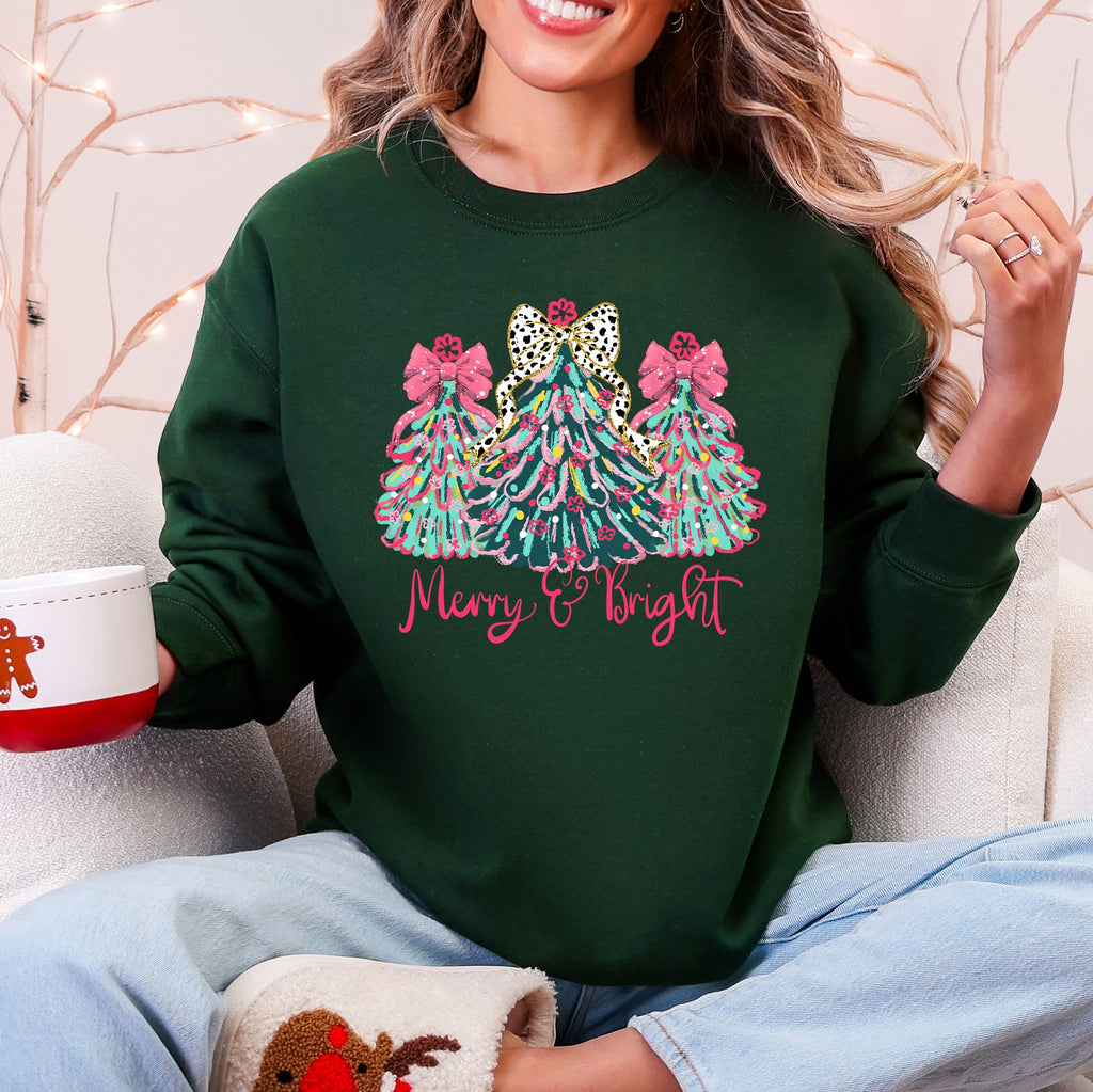 Merry And Bright Pastel Christmas Trees Bows Ribbons Santa Playful Holiday Graphics Sweatshirt