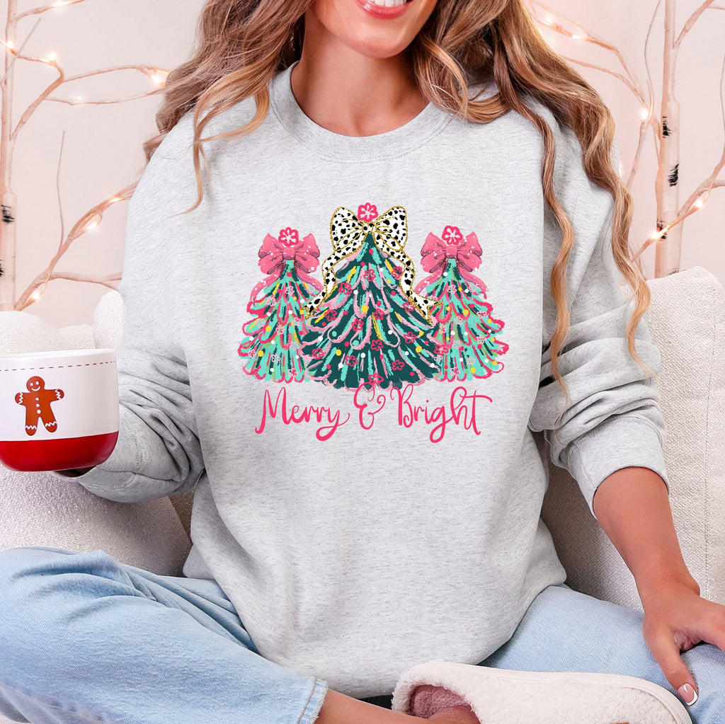Merry And Bright Pastel Christmas Trees Bows Ribbons Santa Playful Holiday Graphics Sweatshirt