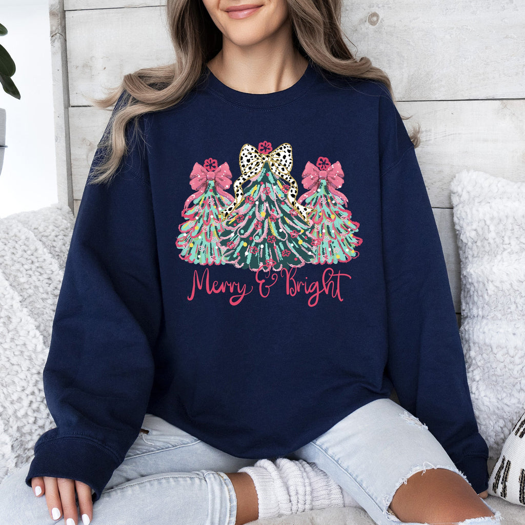 Merry And Bright Pastel Christmas Trees Bows Ribbons Santa Playful Holiday Graphics Sweatshirt