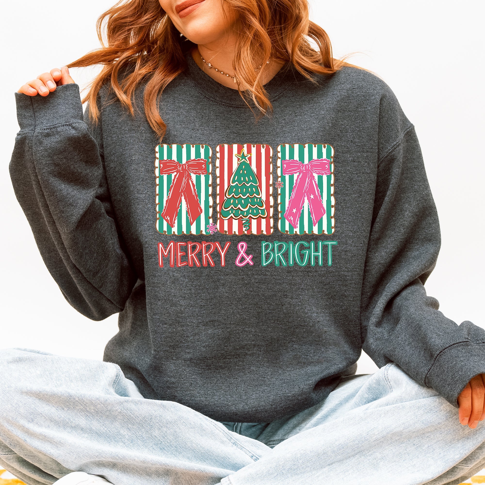 Merry And Bright Pattern Blocks Christmas Tree Ribbon Bows Santa Holiday Sweatshirt