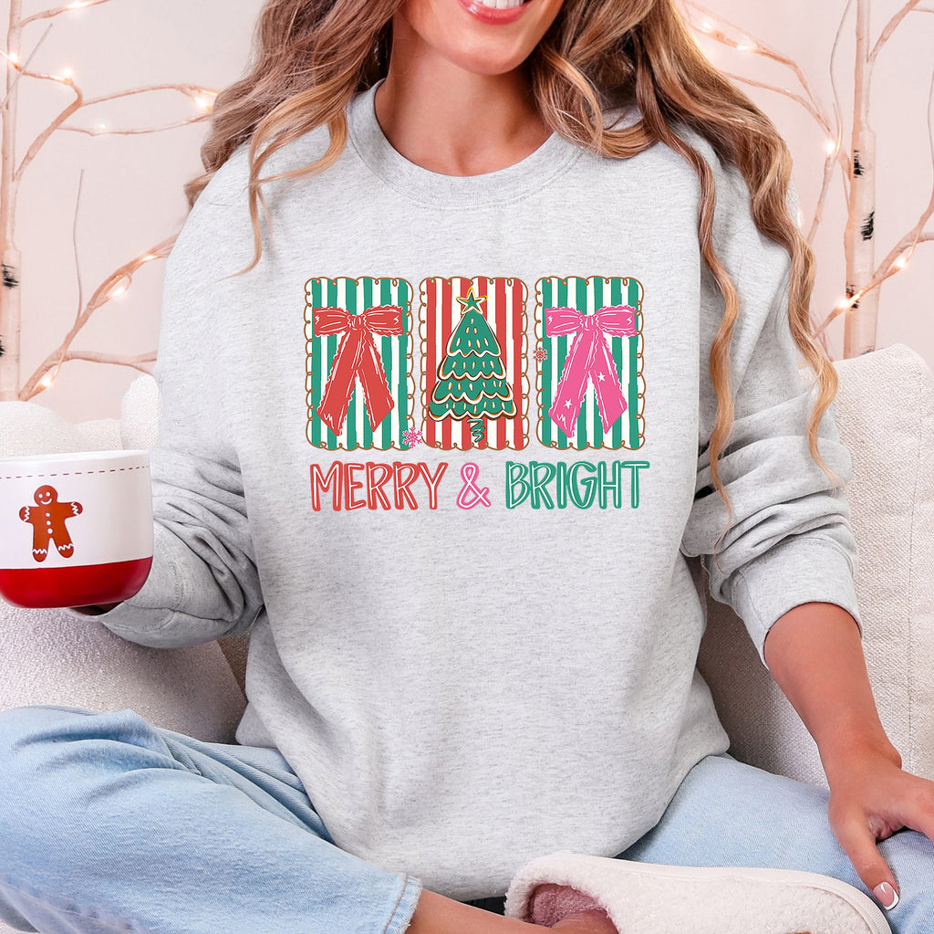 Merry And Bright Pattern Blocks Christmas Tree Ribbon Bows Santa Holiday Sweatshirt