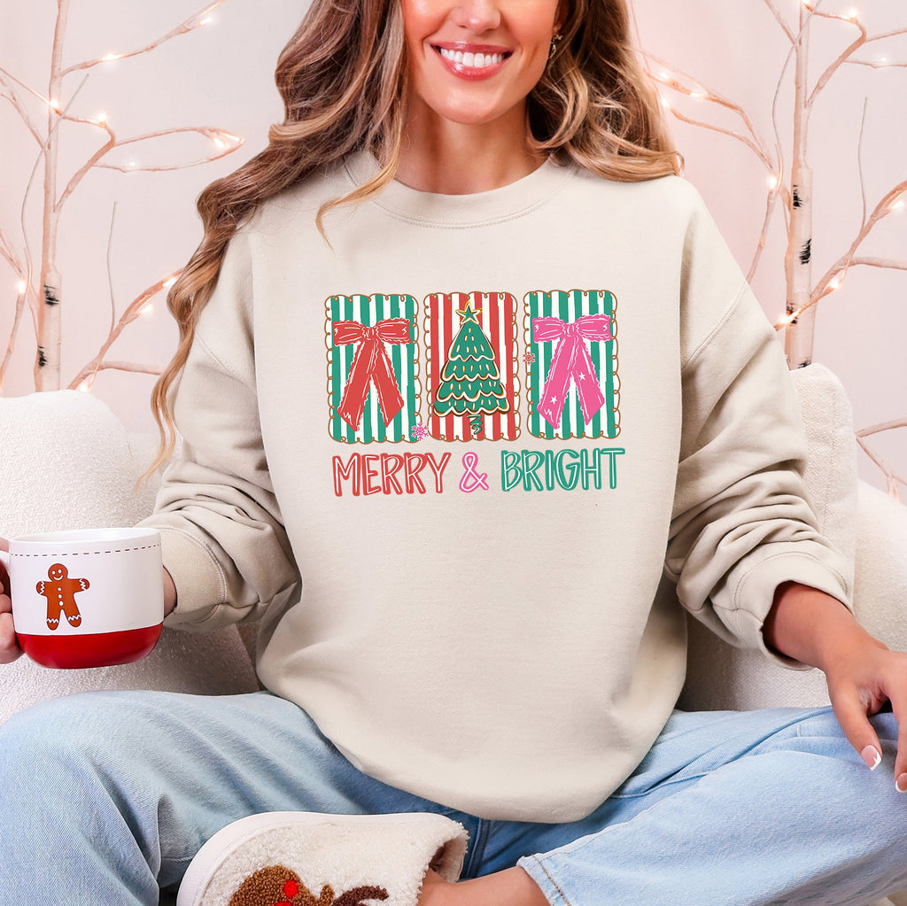 Merry And Bright Pattern Blocks Christmas Tree Ribbon Bows Santa Holiday Sweatshirt