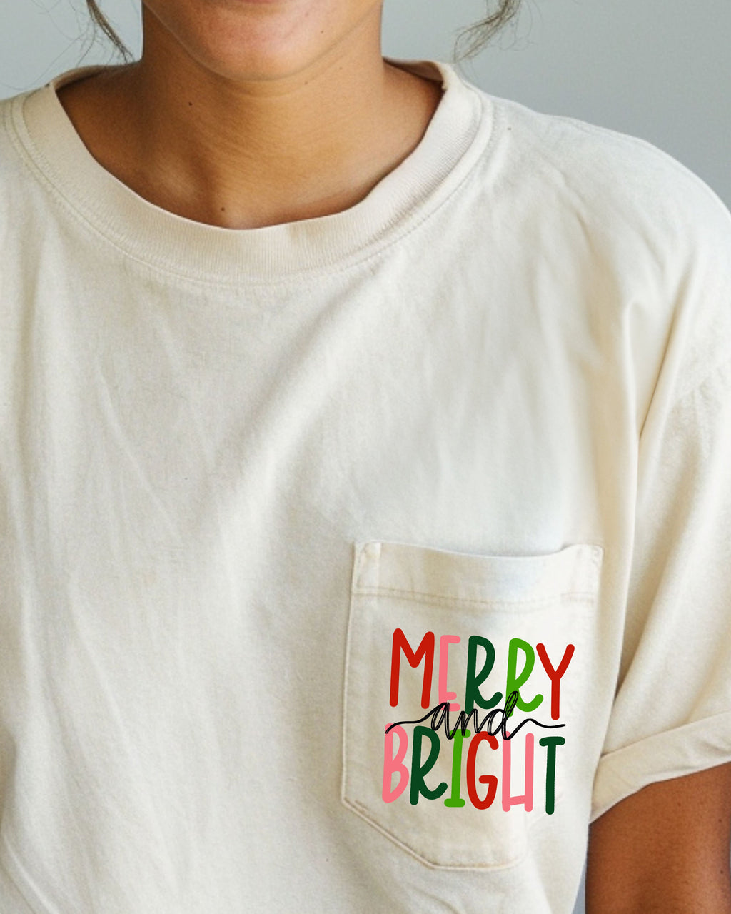 Merry And Bright Christmas Santa Snow Xmas Pocket Colorful Winter Scene Comfort Colors Tee