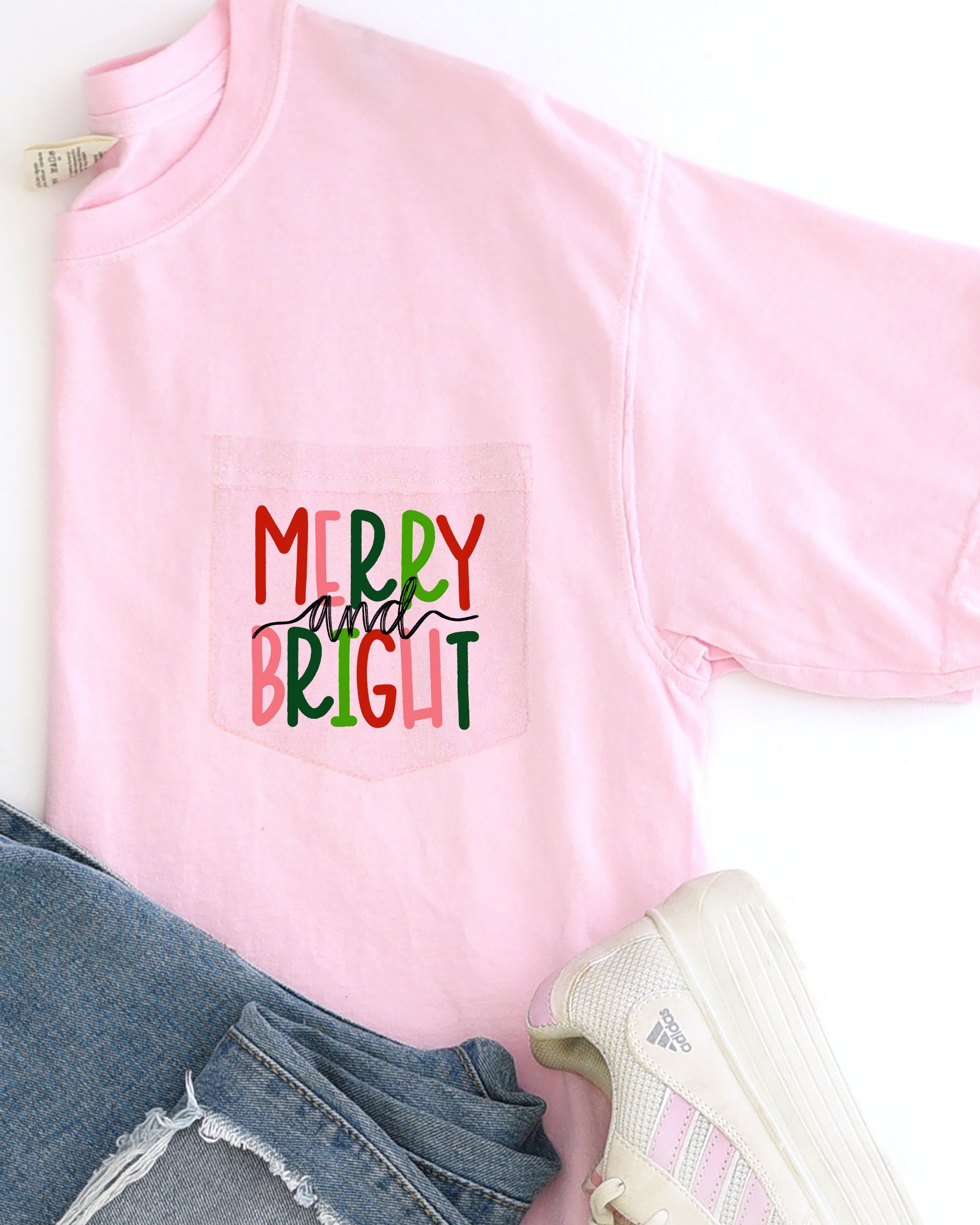 Merry And Bright Christmas Santa Snow Xmas Pocket Colorful Winter Scene Comfort Colors Tee