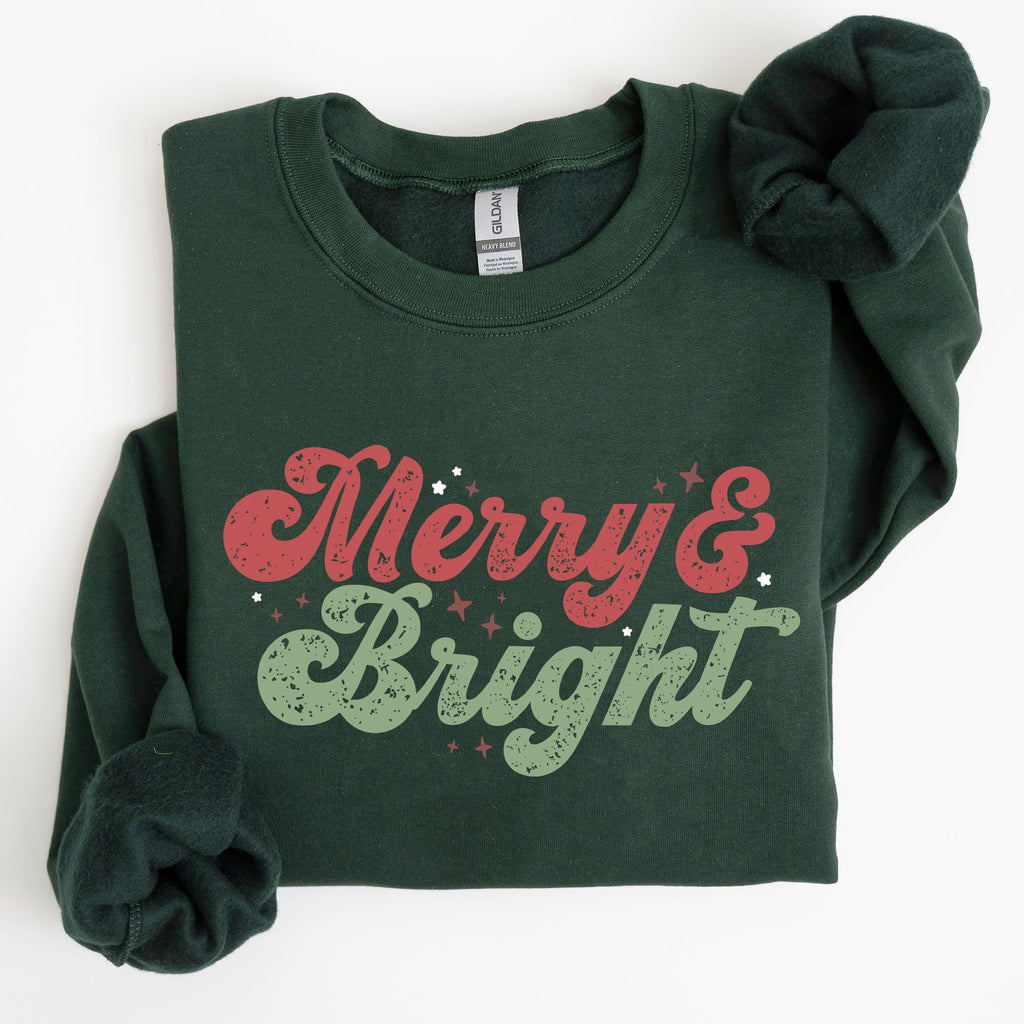 Merry And Bright Christmas Red And Green Holiday Cheer Cozy Fleece Print Sweatshirt