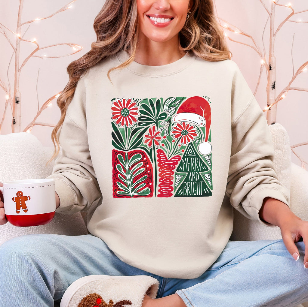 Merry and Bright Pattern Blocks Christmas Santa Hat Tree Ribbon Bow Vintage Retro Holiday Cheer Sweatshirt