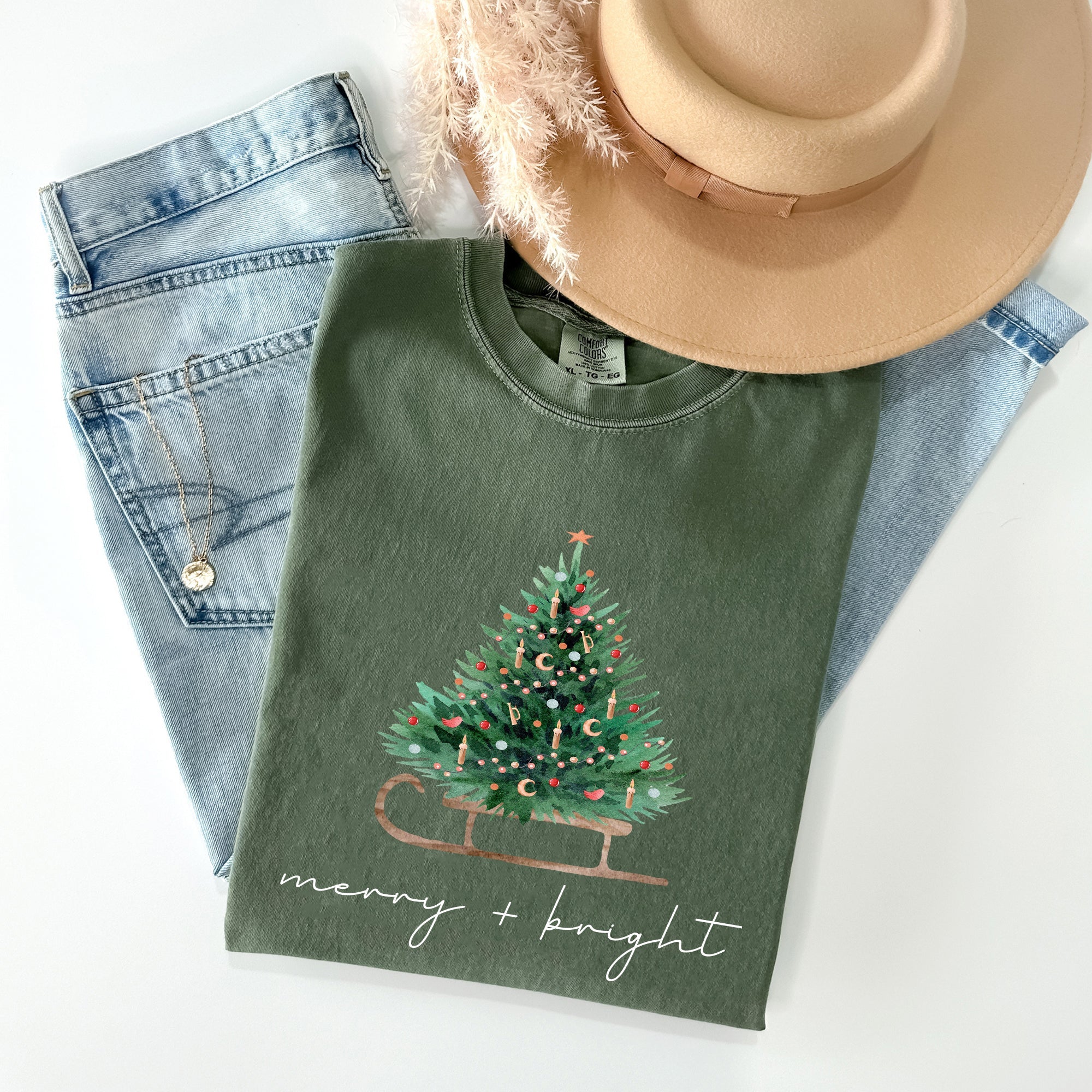 Merry And Bright Sleigh And Christmas Tree Winter Scene Holiday Edition Comfort Colors Tee