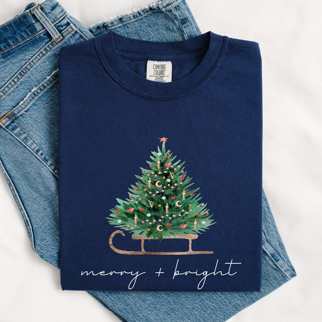 Merry And Bright Sleigh And Christmas Tree Winter Scene Holiday Edition Comfort Colors Tee