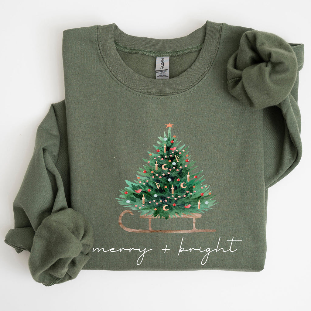 Merry And Bright Holiday Sleigh And Christmas Tree Winter Snow Xmas Scene Sweatshirt
