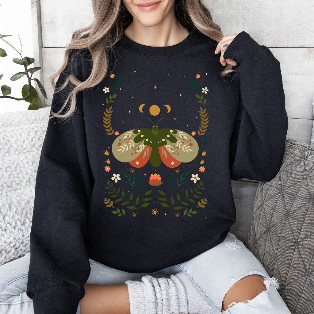 Midnight Garden Dance Moth Moon Floral Print Night Garden Dreamy Nature Art Sweatshirt