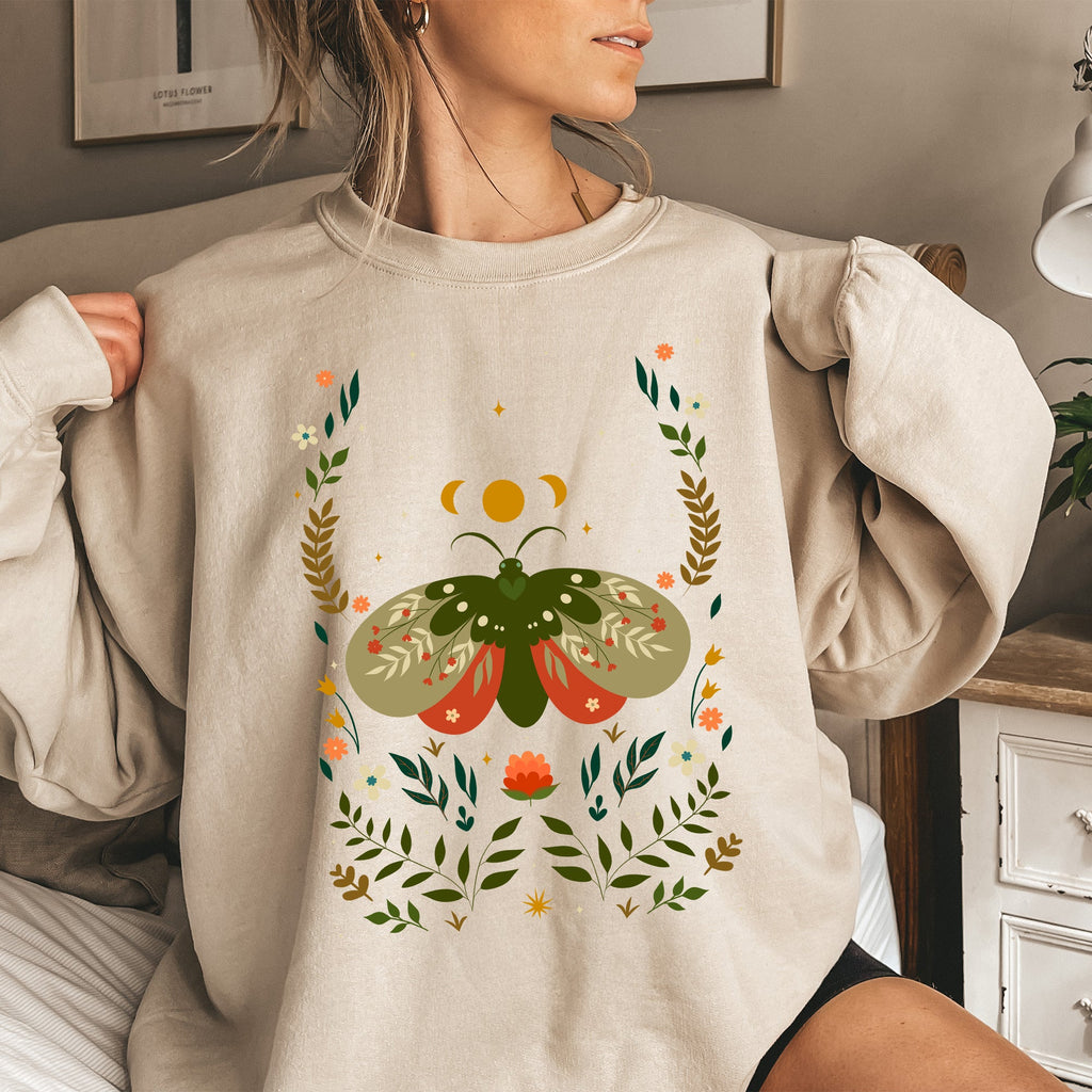 Midnight Garden Dance Moth Moon Floral Print Night Garden Dreamy Nature Art Sweatshirt