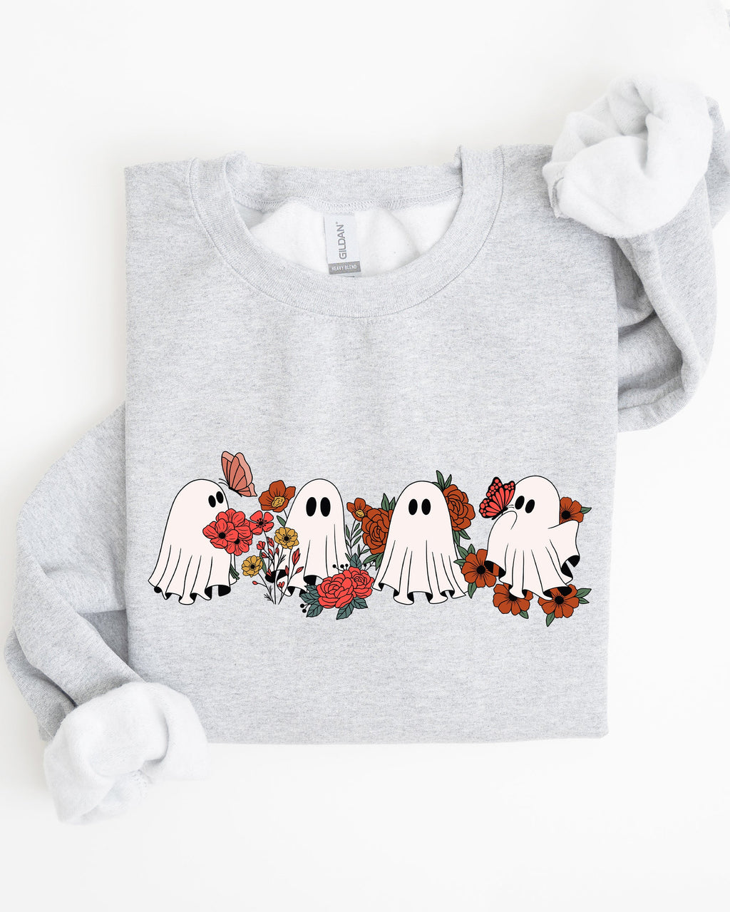 Mini Halloween Ghosts Cute Floral Garden Autumnal Patchwork Cozy Seasonal Print With Flowers And Ghosts Sweatshirt