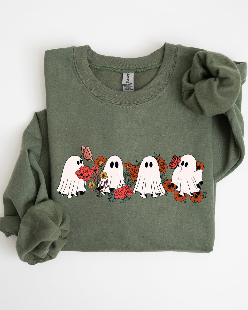 Mini Halloween Ghosts Cute Floral Garden Autumnal Patchwork Cozy Seasonal Print With Flowers And Ghosts Sweatshirt