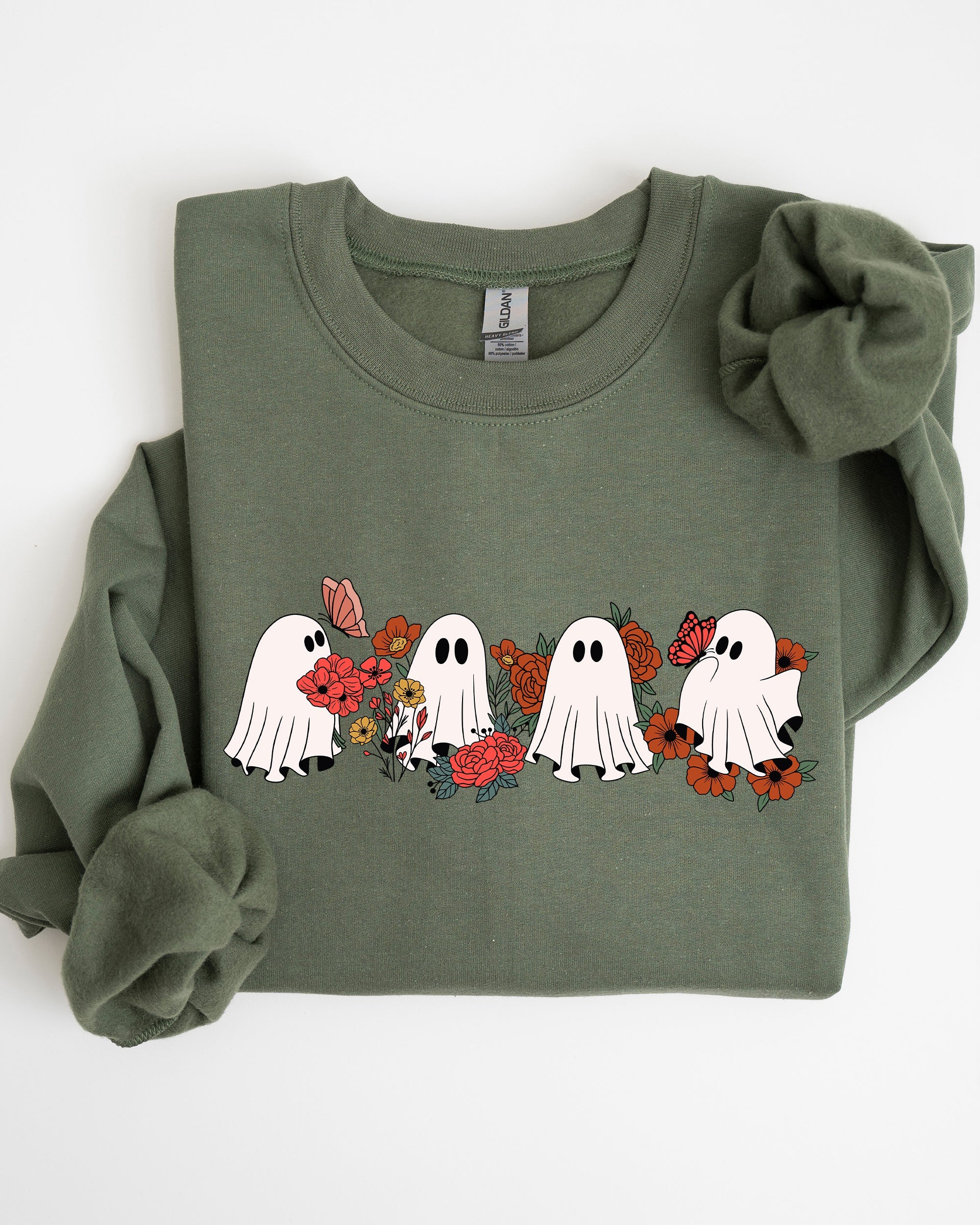 Mini Halloween Ghosts Cute Floral Garden Autumnal Patchwork Cozy Seasonal Print With Flowers And Ghosts Sweatshirt