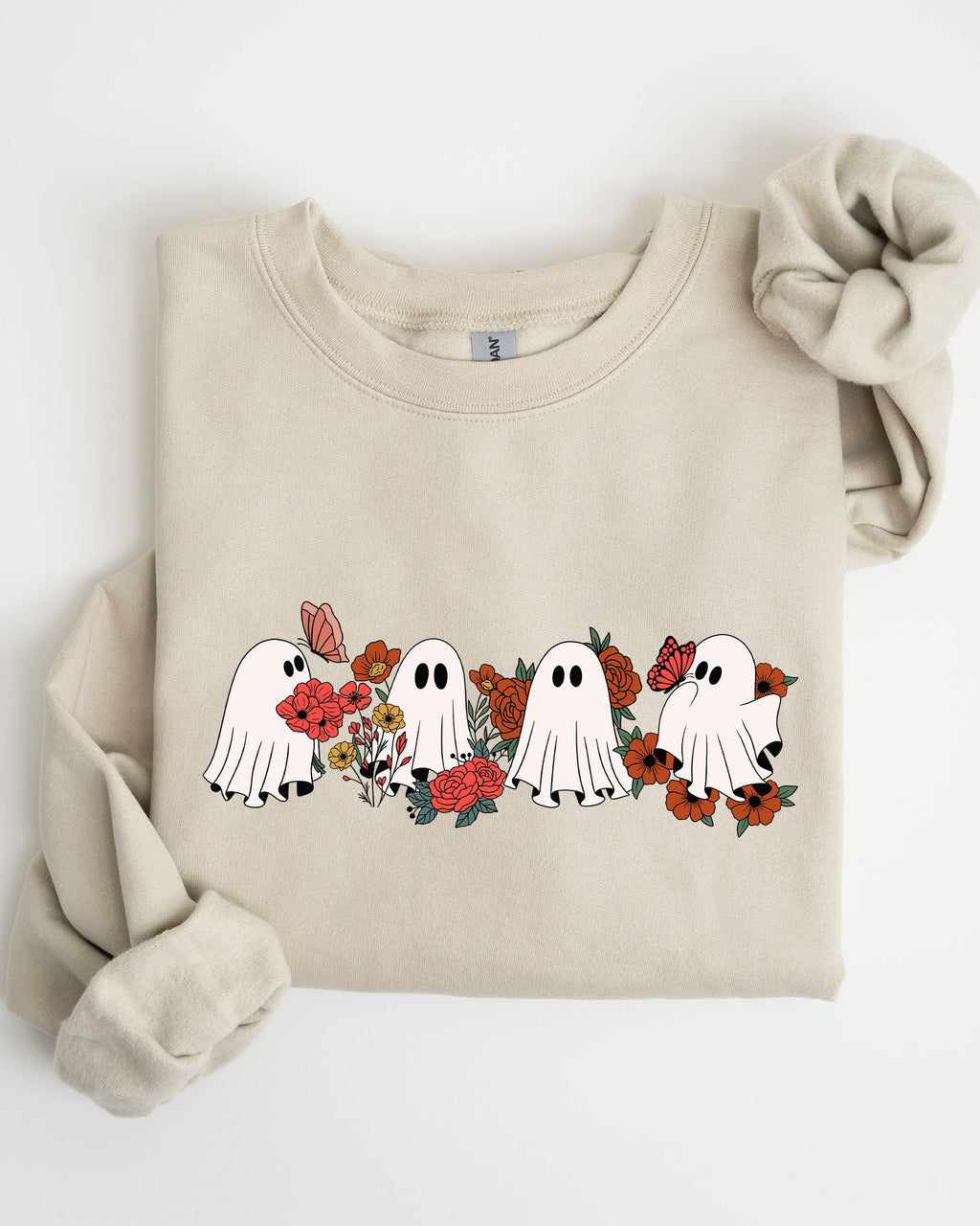 Mini Halloween Ghosts Cute Floral Garden Autumnal Patchwork Cozy Seasonal Print With Flowers And Ghosts Sweatshirt