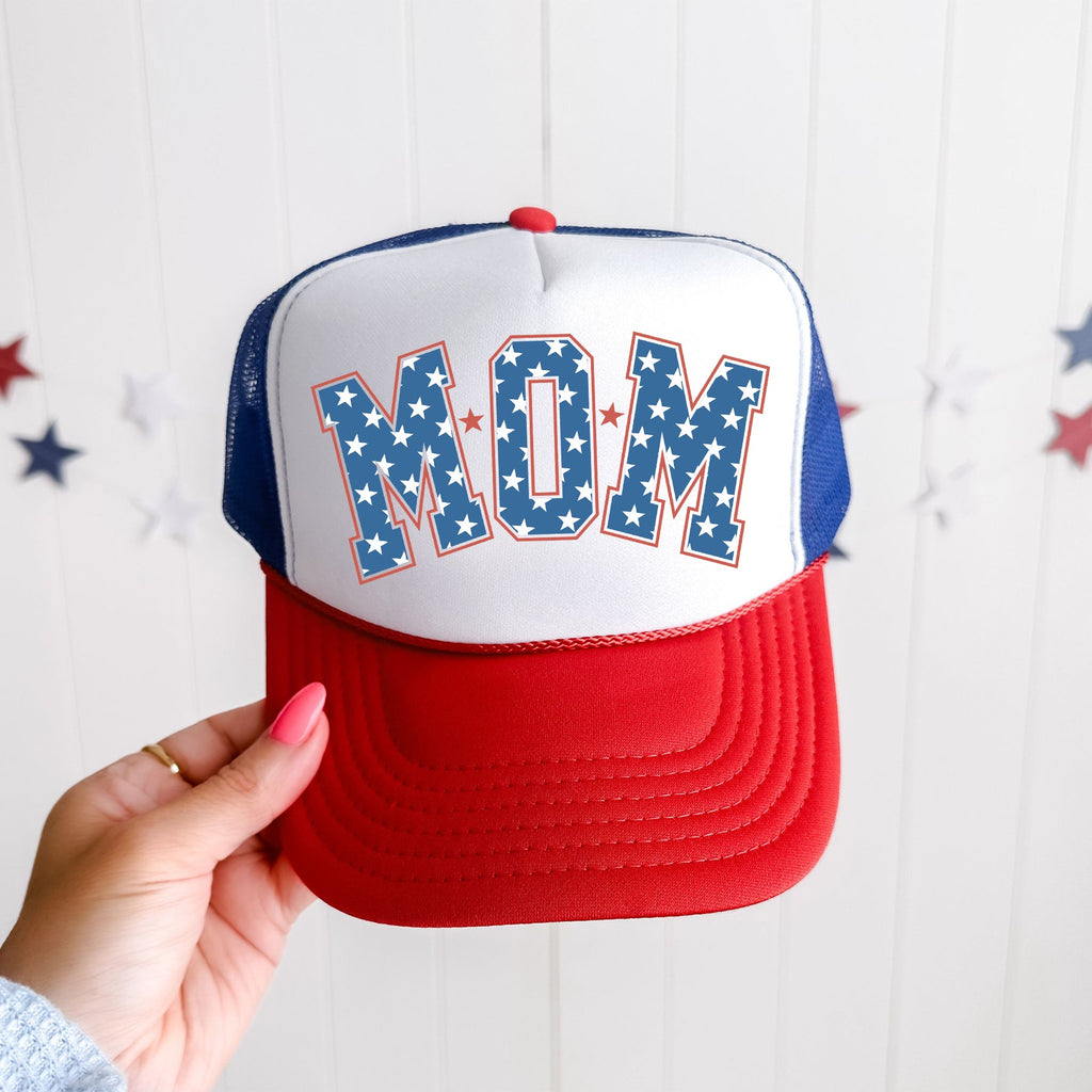 Mom, Stars, Patriotic Snapback Trucker Hat With Embroidered American Flag Patch.