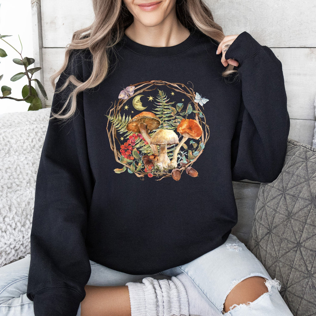 Moon, Moth And Mushrooms, Nature, Forest, Cottage Woodland Nightscape Sweatshirt