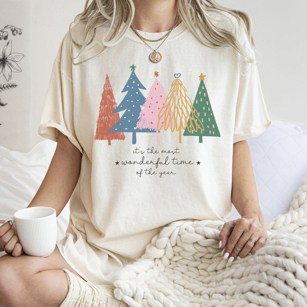 Most Wonderful Time Retro Christmas Trees Colorful Holiday Design Comfort Colors Tee