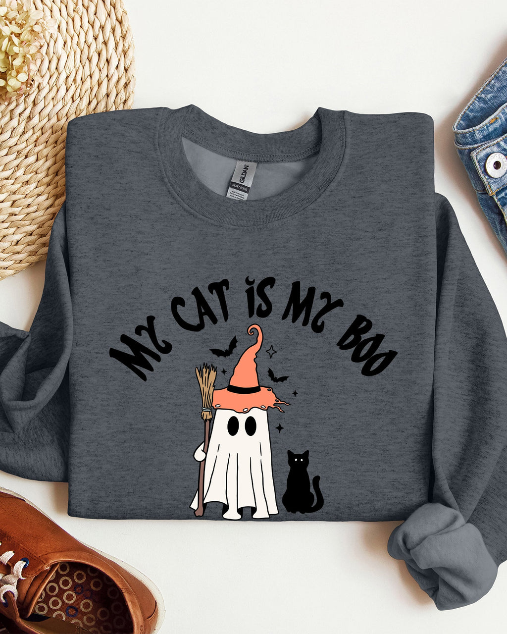 My Cat Is My Boo Halloween Ghost Witch Trick Or Treat Bats Graphic Cozy Sweatshirt