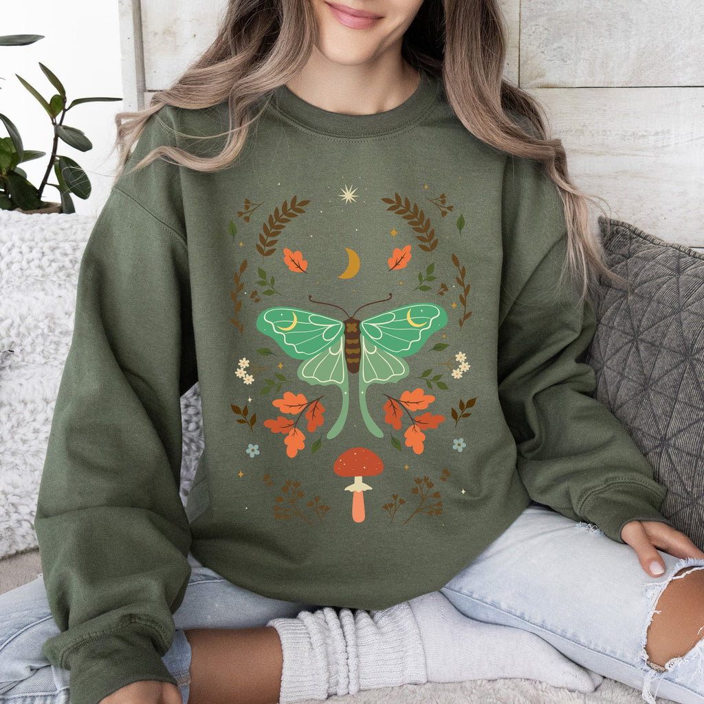 Mystical Moth and Moon, Enchanted Floral Night Sky Celestial Garden Dreamscape Sweatshirt