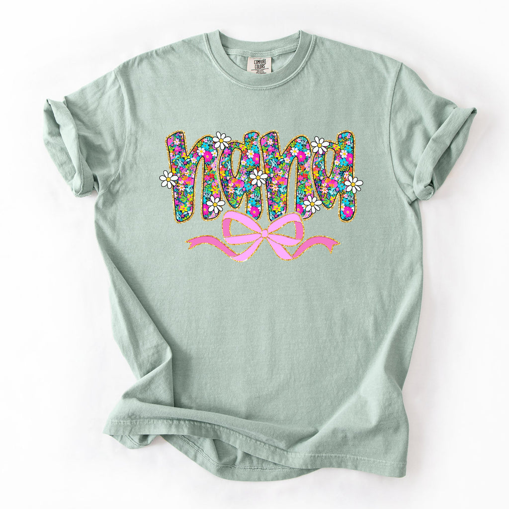Nana Mother's Day Floral Ribbon Bow Pastel Blooms Garden Cheer Comfort Colors Tee