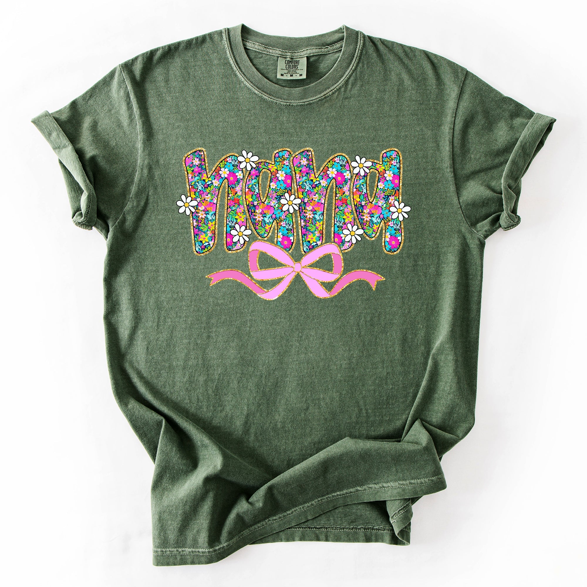 Nana Mother's Day Floral Ribbon Bow Pastel Blooms Garden Cheer Comfort Colors Tee