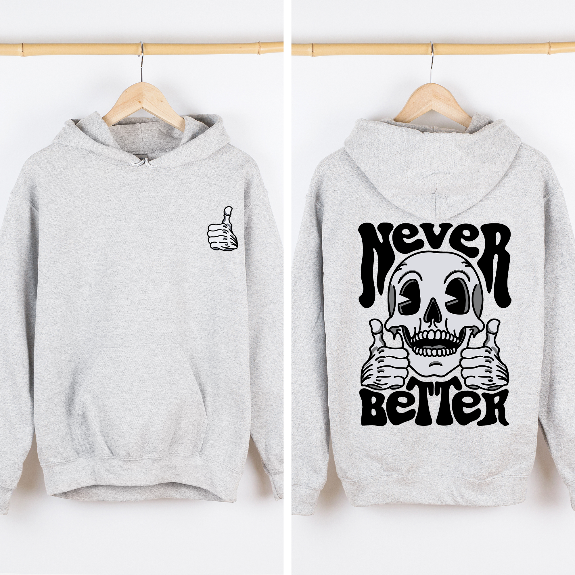 Never Better Skeleton Thumbs Up Vibe Mood Vintage-Inspired Premium Cozy Graphic Hoodie