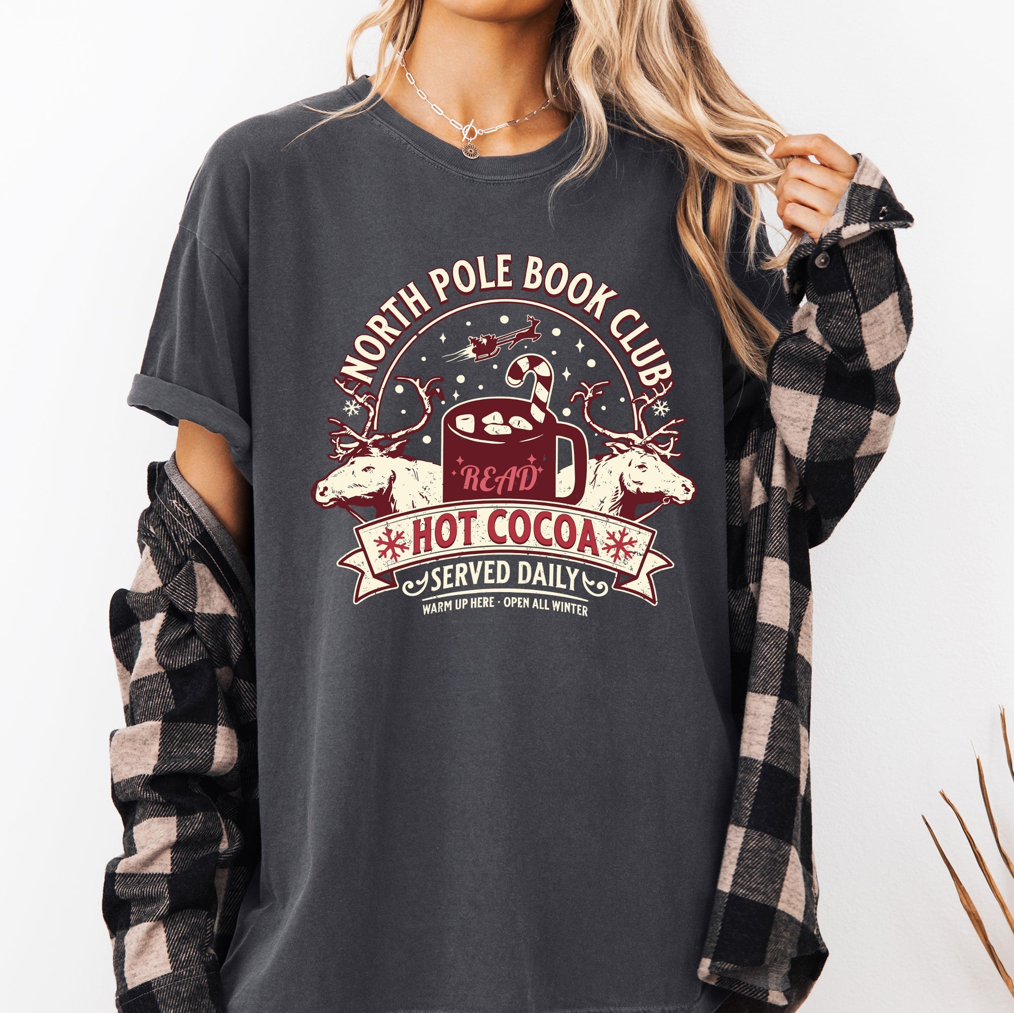 North Pole Book Club Reading Christmas Santa Reindeer Winter Xmas Comfort Colors Tee