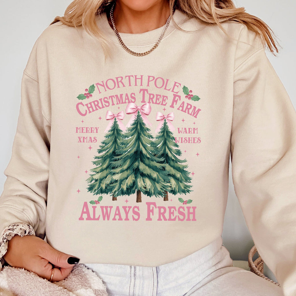 North Pole Christmas Tree Farm Winter Santa Snow Xmas Scene Artwork Cozy Holiday Landscape Sweatshirt