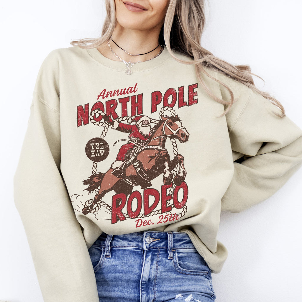North Pole Rode Santa Christmas Western Cowboy Yee Haw Horse Holiday Theme Sweatshirt