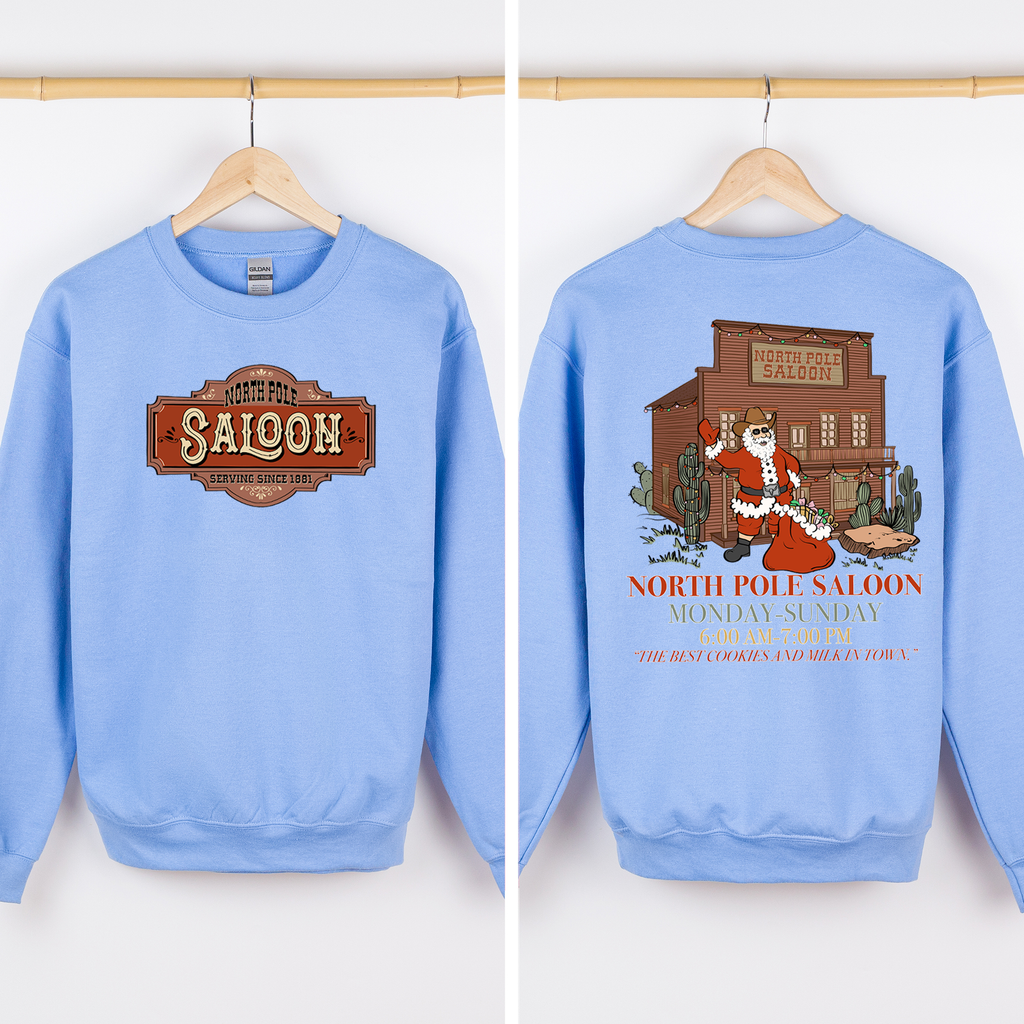 North Pole Saloon Santa Reading Christmas Party Retro Front And Back Edition Sweatshirt