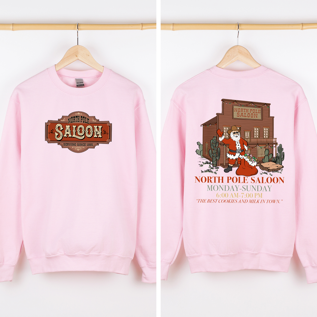 North Pole Saloon Santa Reading Christmas Party Retro Front And Back Edition Sweatshirt