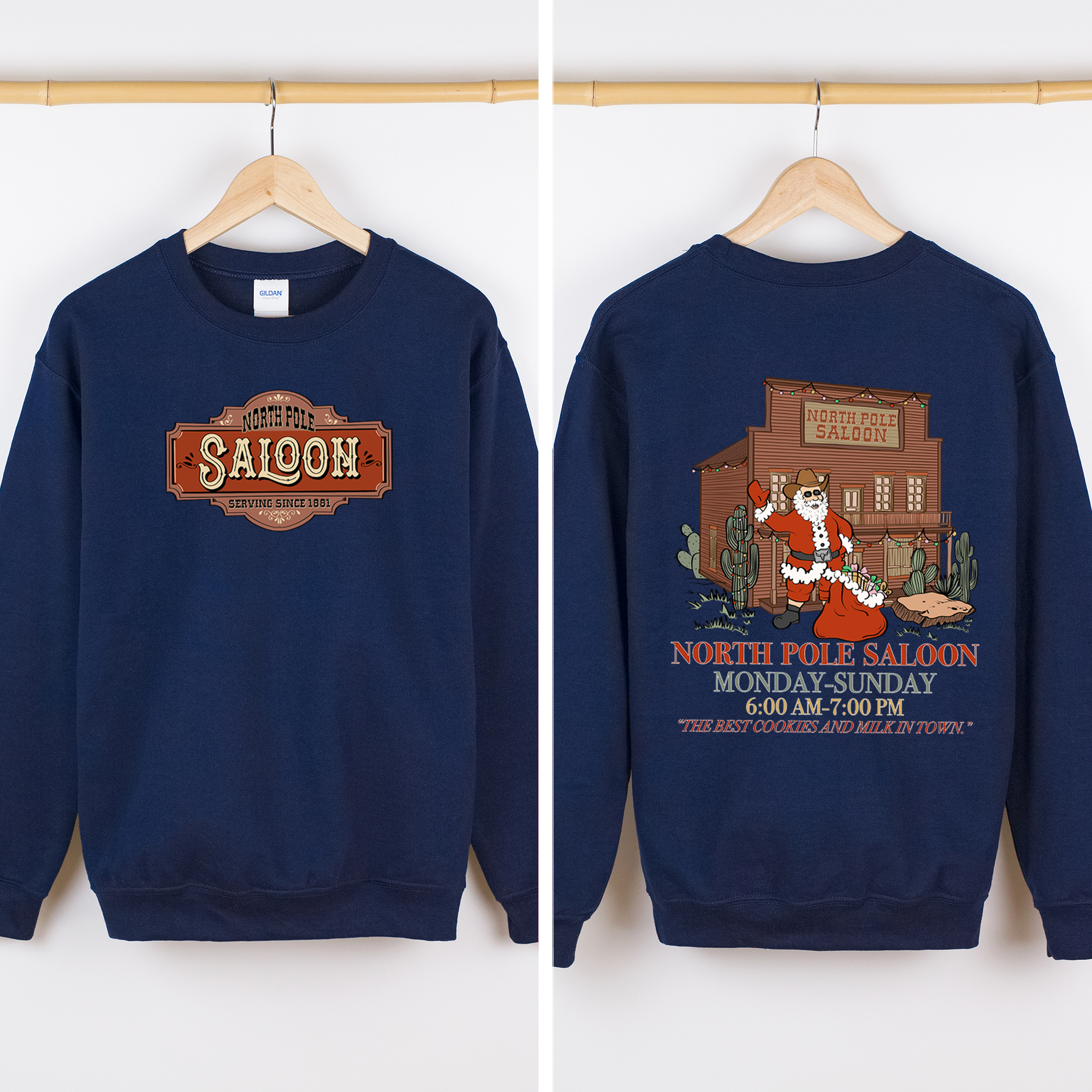 North Pole Saloon Santa Reading Christmas Party Retro Front And Back Edition Sweatshirt