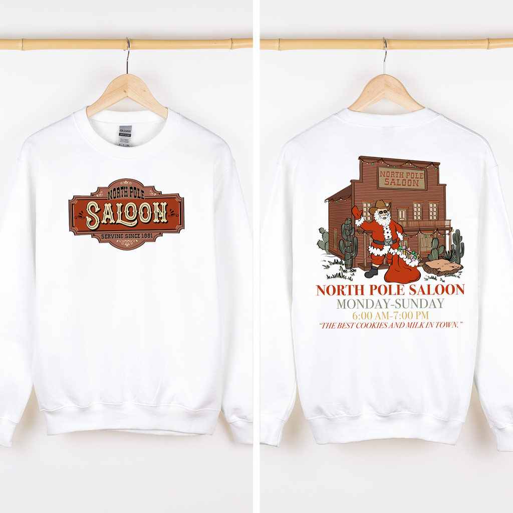 North Pole Saloon Santa Reading Christmas Party Retro Front And Back Edition Sweatshirt