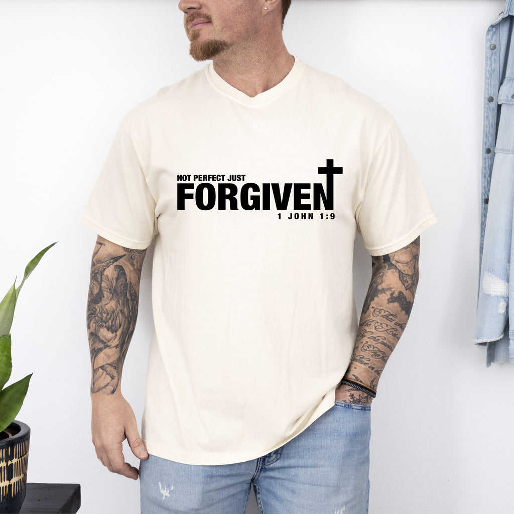 Not Perfect, Just Forgiven John Jesus Gospel Faith Bible Verse Inspired Comfort Colors Tee